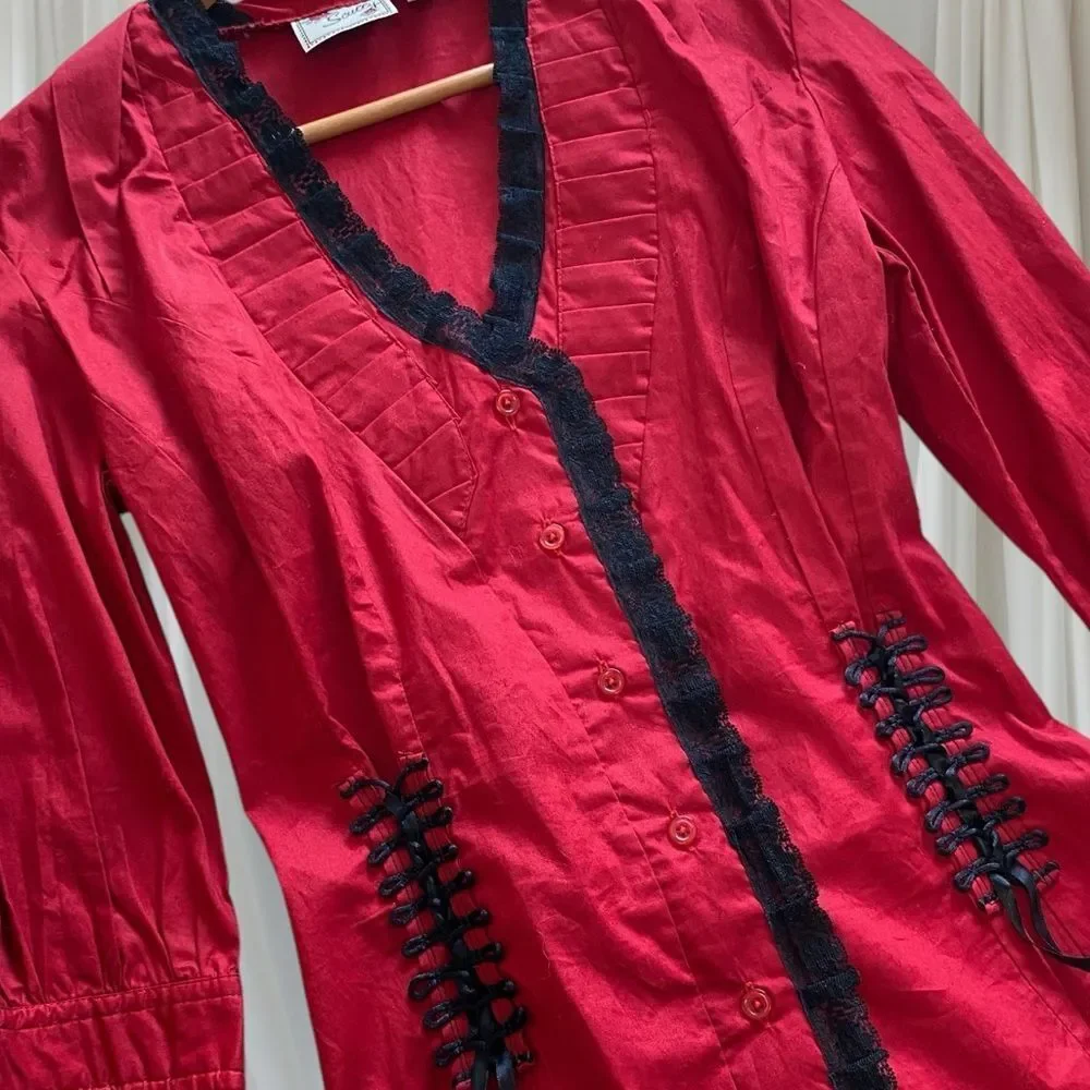 SCULLY Shirt Corset NWT Blouse Marion Ruffle Button Up Stretch Red Black Size M - Picture 5 of 14